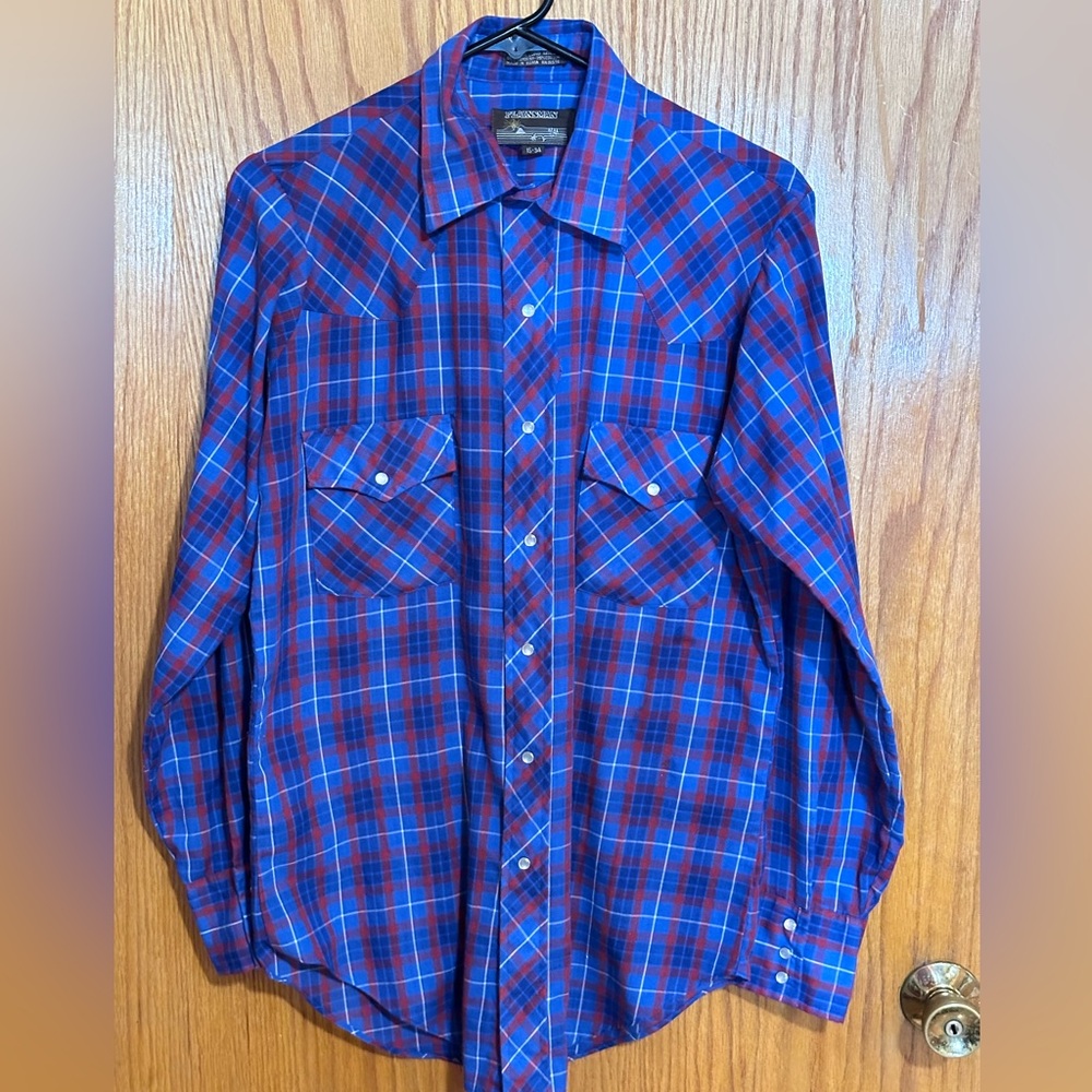 Plainsman Pearl snap western shirt‎ extra long tails size 15(medium) blue plaid